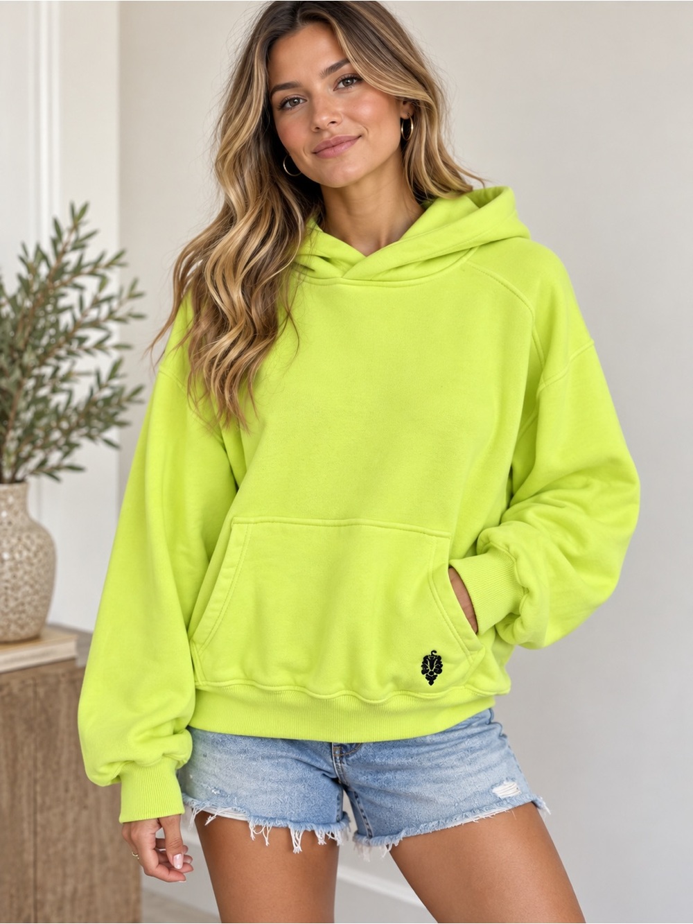 Free People Neon Lime Cowl Hoodie Sweater